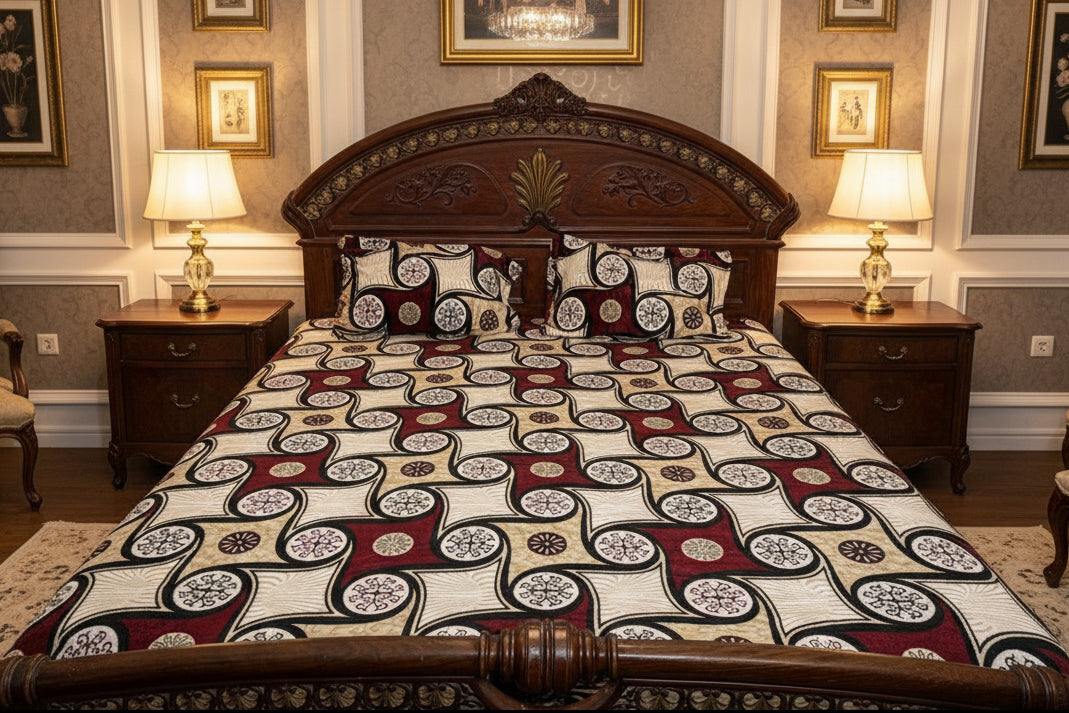 Luxury Winter Fleece Bedsheet Set – Maroon & Beige Circular Pattern