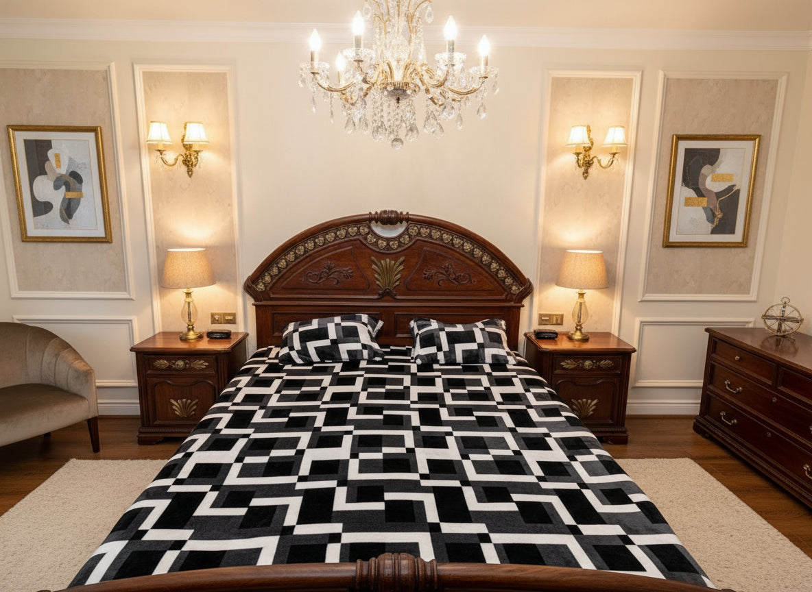 Bed with black and white geometric patterned bedspread in a room with wooden furniture.